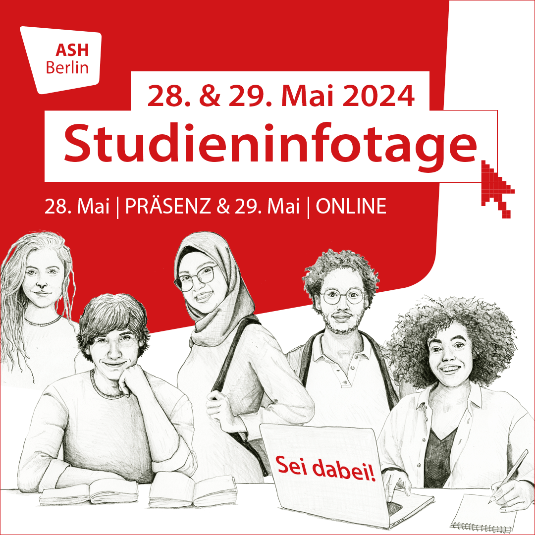 Einladungsbanner für Studieninfotag: schwarz-weiße Illustration einer Gruppe Studierende_r vor rotem Hintergrund mit Logo der ASH Berlin