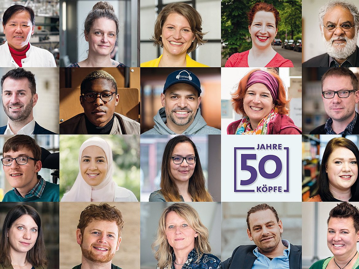 Auf dem Bild sind die Gesichter einiger Personen zu sehen, die an den sechs Berliner Fachhochschulen studieren, arbeiten, lehren oder forschen und die sich an der Kampagne 50 Jahre - 50 Köpfe beteiligen. 
