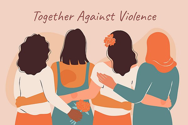 Die Zeichnung von vier Frauen, die von hinten zu sehen sind mit dem Schriftzug "Together against Violence"