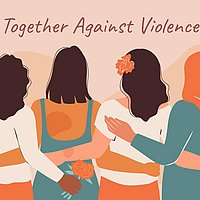 Die Zeichnung von vier Frauen, die von hinten zu sehen sind mit dem Schriftzug "Together against Violence"