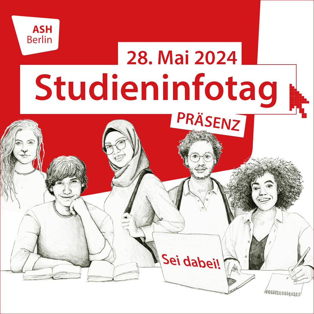 Einladungsbanner für Studieninfotage: schwarz-weiße Illustration einer Gruppe Studierende_r vor rotem Hintergrund mit Logo der ASH Berlin 