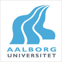 Das blau-weiße Logo der Aalborg Universität.