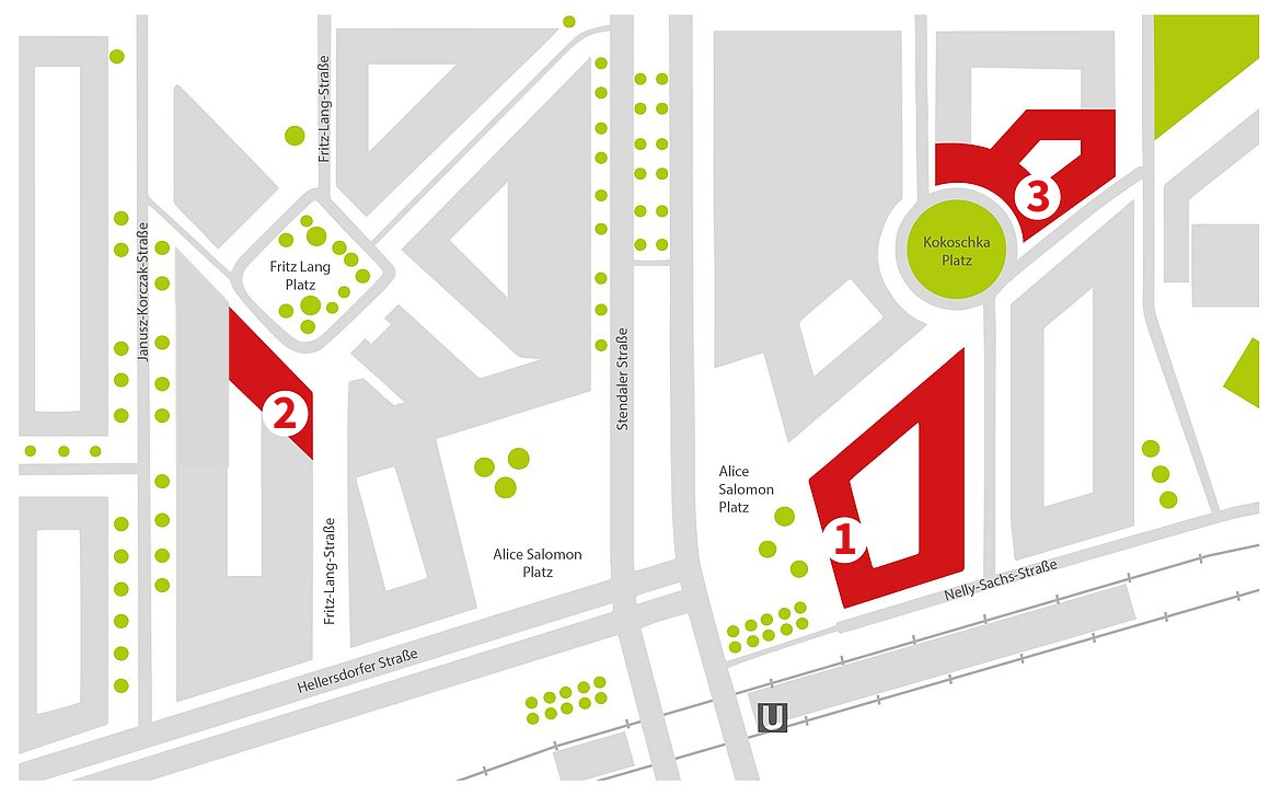 Illustration vom Campus der ASH Berlin mit allen Standorten und Gebäuden