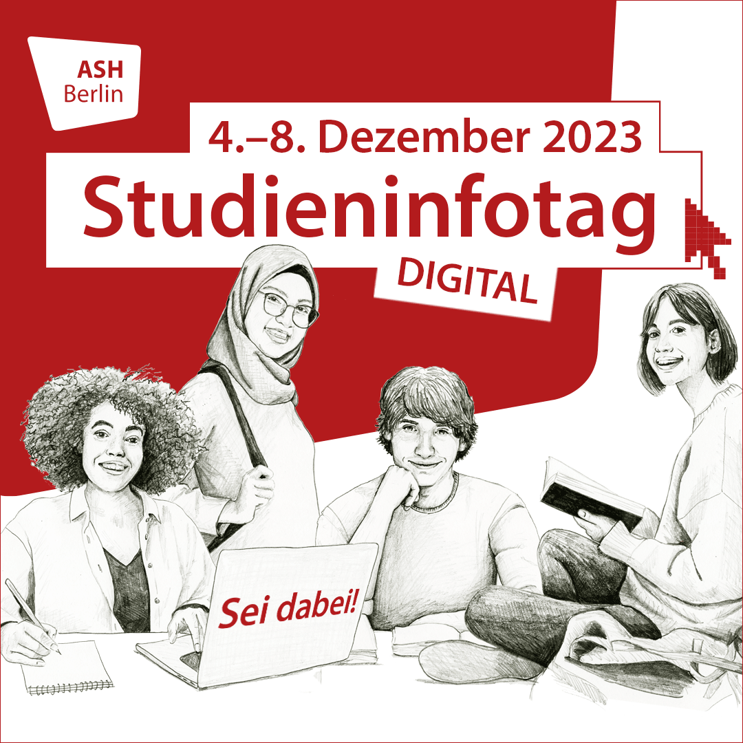 Banner Studieninfotage 4.-8. Dezember 2023: Darauf sitzt eine Gruppe Studierende zusammen.