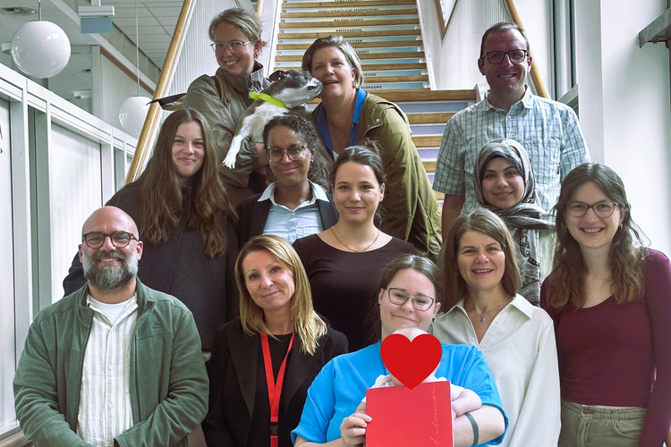 Gruppenfoto von ASH-Studierenden aus dem Studiengang Kinderschutz. Die Studierenden stehen auf der Treppe im Foyer der ASH Berlin und schauen lächelnd in die Kamera.. 