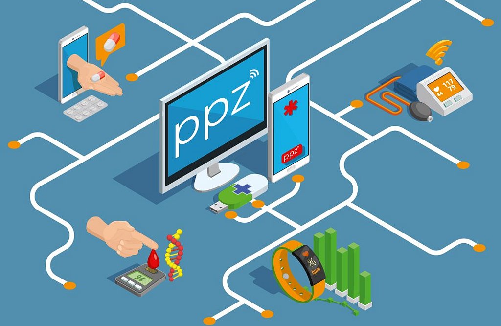 Grafik mit mehrerern technischen Geräten aus dem Gesundheitsbereich dazu Schrift ppz Pflegepraxiszentrum Berlin