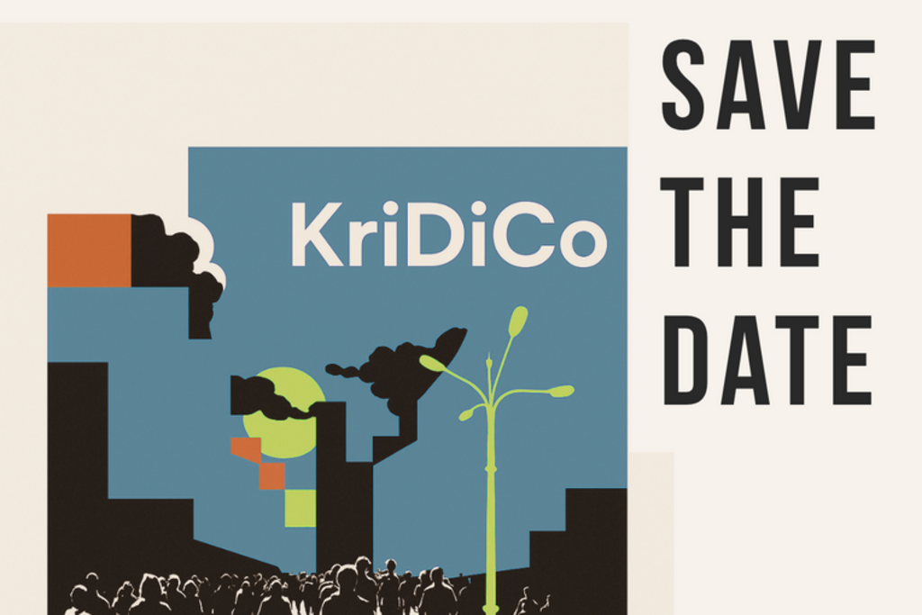 Grafik, mehrer Personen laufen eine Straße entlang in Richtung eines blauen Horizonts. Darüber steht "KriDiCo", daneben "Save the Date"