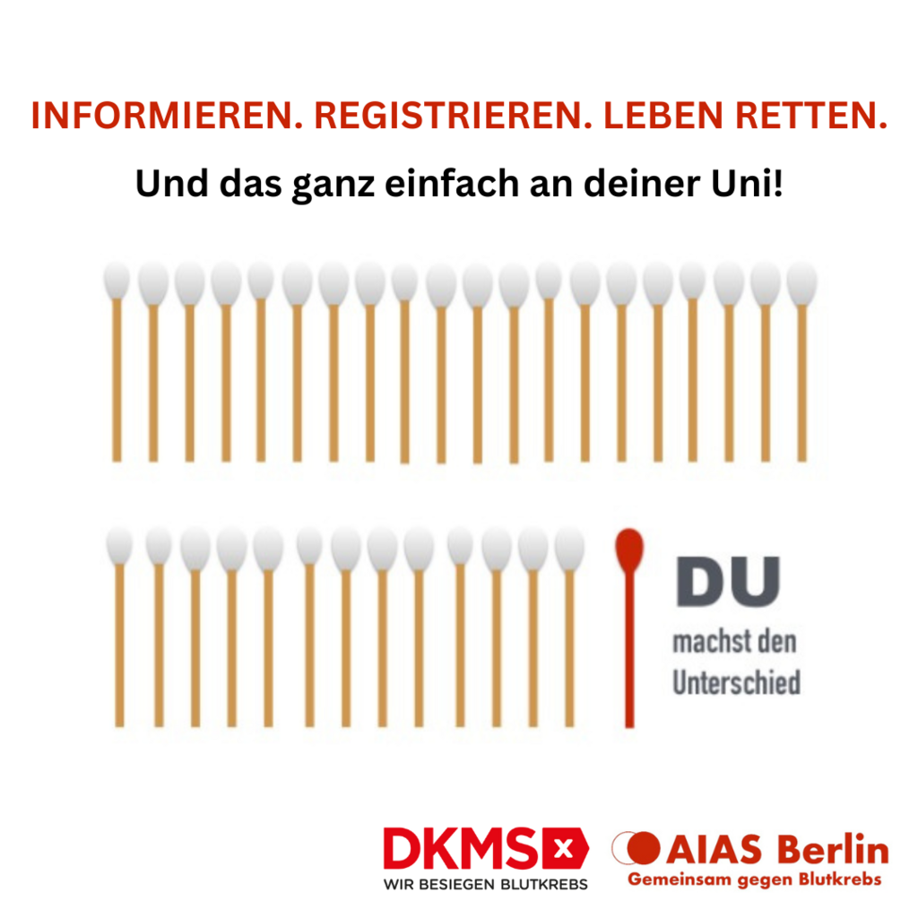 Eine Reihe von Wattestäbchen für Rachenabstriche. Das letzte ist rot und der dazugehörige Slogan lautet: "Informieren. Registrieren. Leben retten. Und das ganz einfach an deiner Uni!"
