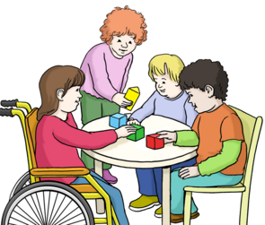 Zeichnung: Drei Kinder am Tisch, darunter ein Mädchen im Rollstuhl. Eine Erzieherin schenkt Wasser nach.