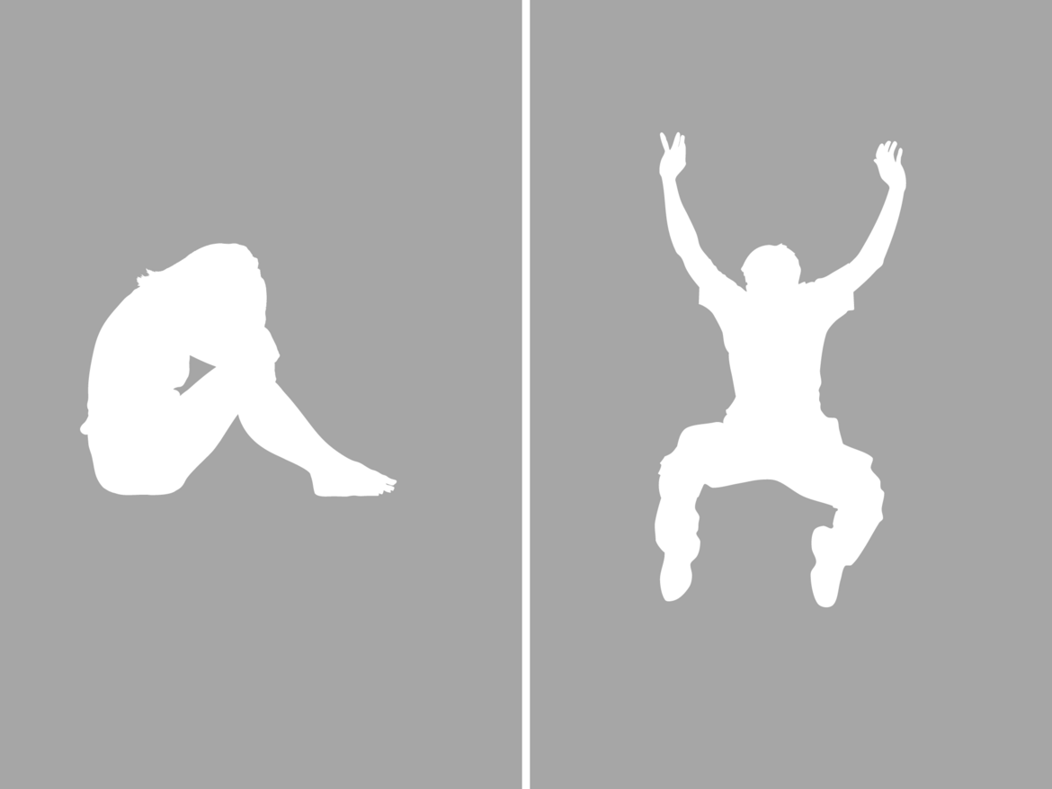 zweigeteiltes Bild: links eine zusammengekrümmte Person, rechts eine Person, die gerade hochspringt