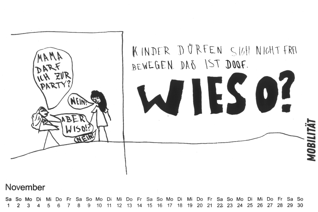 Eine Seite aus dem Kein-Adultismus-Wandkalender 2025-2026 - die kindliche Illustration setzt sich mit Mobilität auseinander