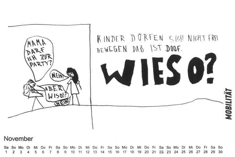 Eine Seite aus dem Kein-Adultismus-Wandkalender 2025-2026 - die kindliche Illustration setzt sich mit Mobilität auseinander