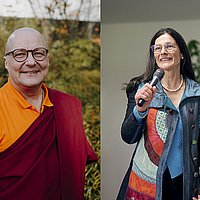 Fotomontage mit Portraits des Ehrwürdigen Tharchin und Präsidentin Bettina Völter