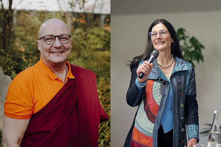 Fotomontage mit Portraits des Ehrwürdigen Tharchin und Präsidentin Bettina Völter