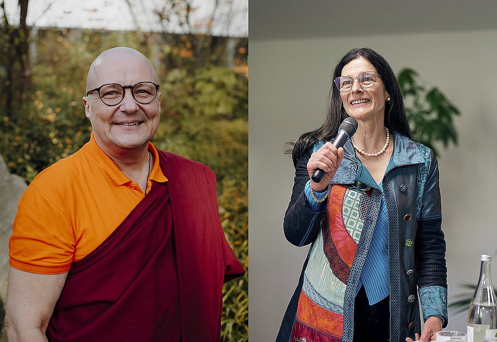 Fotomontage mit Portraits des Ehrwürdigen Tharchin und Präsidentin Bettina Völter