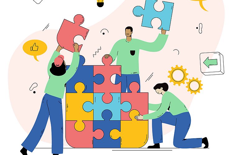 Illustration: Mehrere Personen arbeiten gemeinsam.