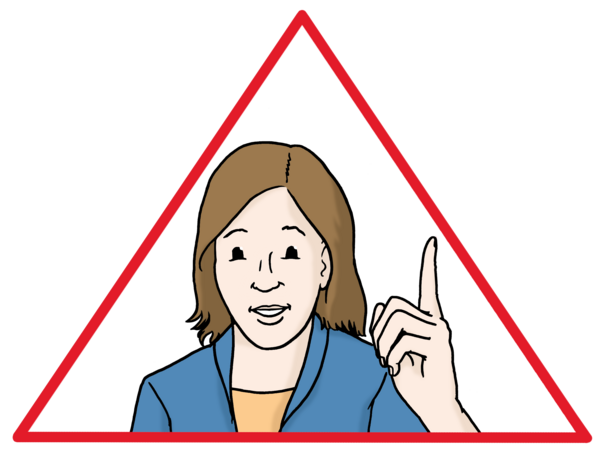 Eine Person in einem roten Dreieck. Die Person zeigt den Zeigefinger.