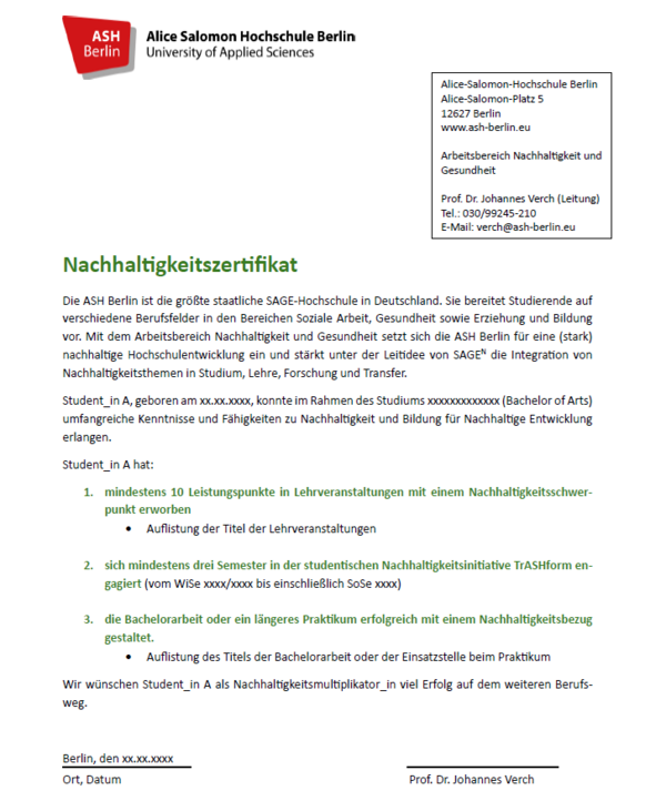 Nachhaltigkeitszertifikat des Arbeitsbereichs Nachhaltigkeit und Gesundheit