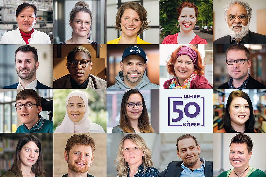 Auf dem Bild sind die Gesichter einiger Personen zu sehen, die an den sechs Berliner Fachhochschulen studieren, arbeiten, lehren oder forschen und die sich an der Kampagne 50 Jahre - 50 Köpfe beteiligen. 