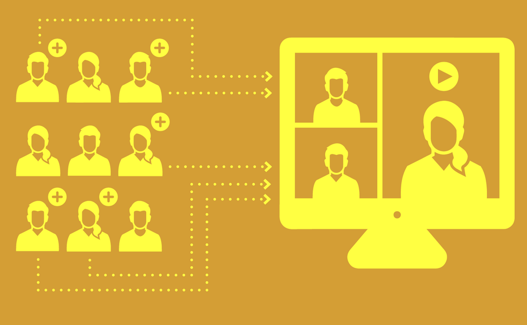 Links Icons von Personen, rechts daneben Linien, die in einen Computermonitor übergehen, wo die Icons der Personen dann in Chatfenstern zu sehen sind