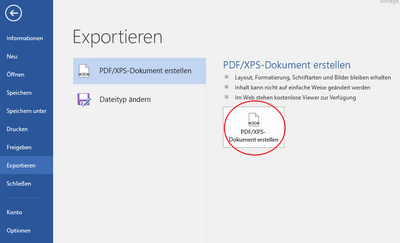 Screenshot der PDF-Export Einstellungen in Word 2016