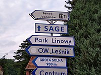polnische Straßenschilder mit dem Begriff SAGE und einem Pfeil Richtung Geradeaus