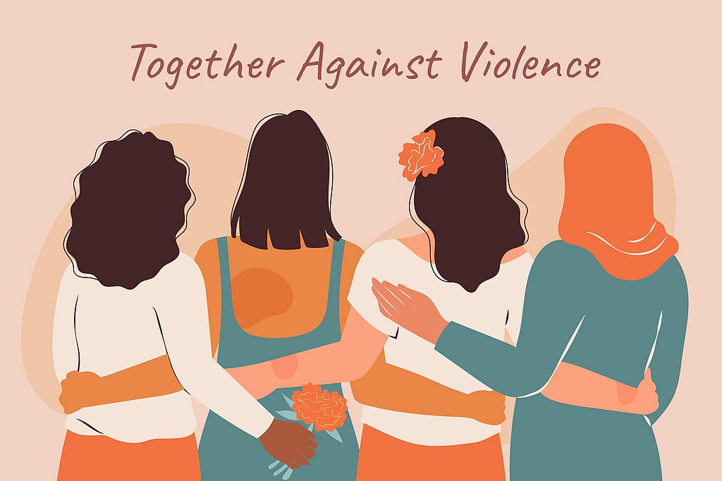 The drawing of four women seen from behind with the words "Together against Violence".
