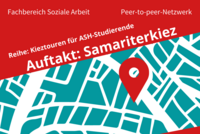 Angaben zu Ort und Zeit der Tour, ein Stadtkartenausschnitt auf rotem Grund.