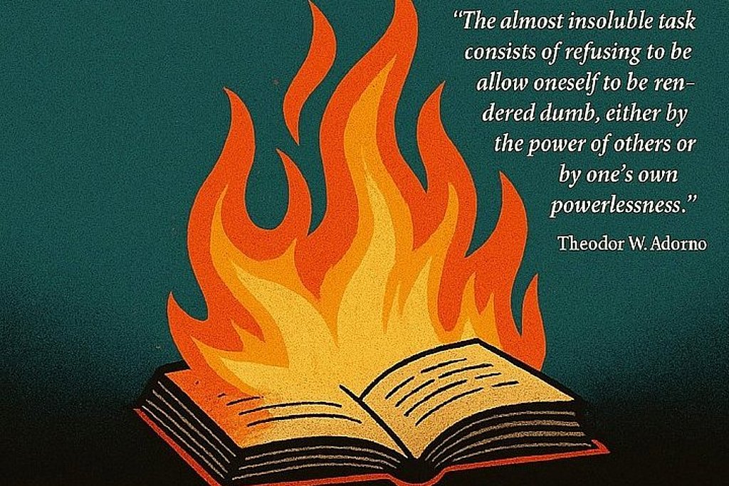 the picture shows a burning book. Next to it is a quote from Adorno (see event text)