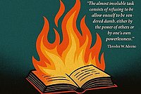 the picture shows a burning book. Next to it is a quote from Adorno (see event text)