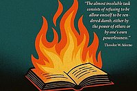 the picture shows a burning book. Next to it is a quote from Adorno (see event text)