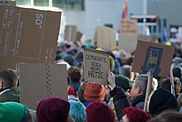 Eine demonstrierende Menschenmenge, nur Hinterköpfe und Mützen sind zu sehen, viele Pappschilder, eines mit der Aufschrift Demokratie gegen rechte Hetze.