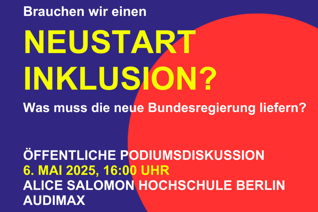 Grafik mit großen roten Kreis auf blauem Hintergrund. Darauf stehen in weißer und gelber Schrif Titel sowie Ort und Zeit der Veranstaltung. 