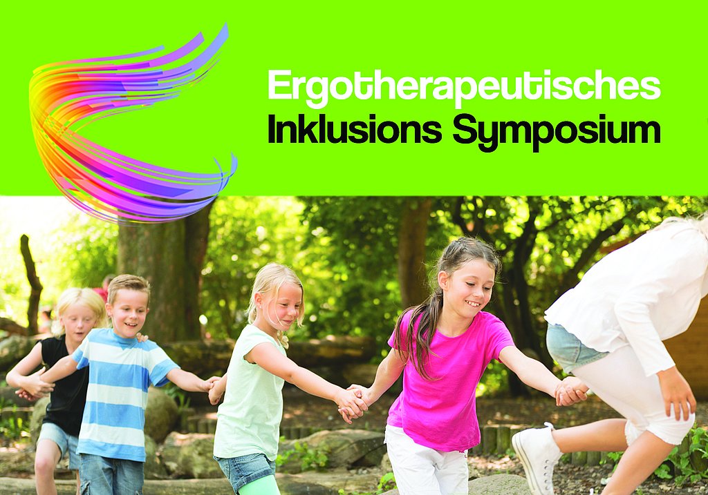 Kinder die sich an den Händen halten und lachend über eine Wiese laufen. Darüber das Logo des Ergotherapeutischen Inklusions-Symposiums. 