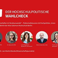 Auf der Grafik sind Porträtfotos von MdB Adrian Grasse, Dr. Maja Lasić, Laura Neugebauer, Tobias Schulze und Prof. Dr. Bettina Völter zu sehen. 