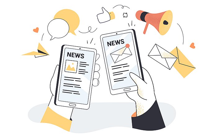 hans holding smartphones with online newsletter