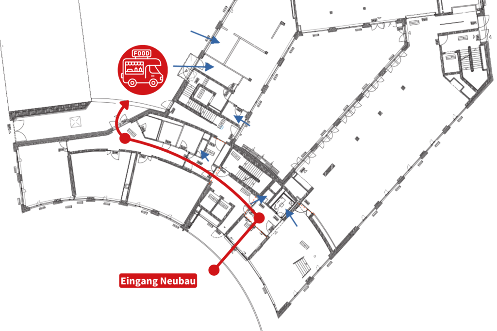 Grundriss des Neubaus mit Weg zum Foodtruck