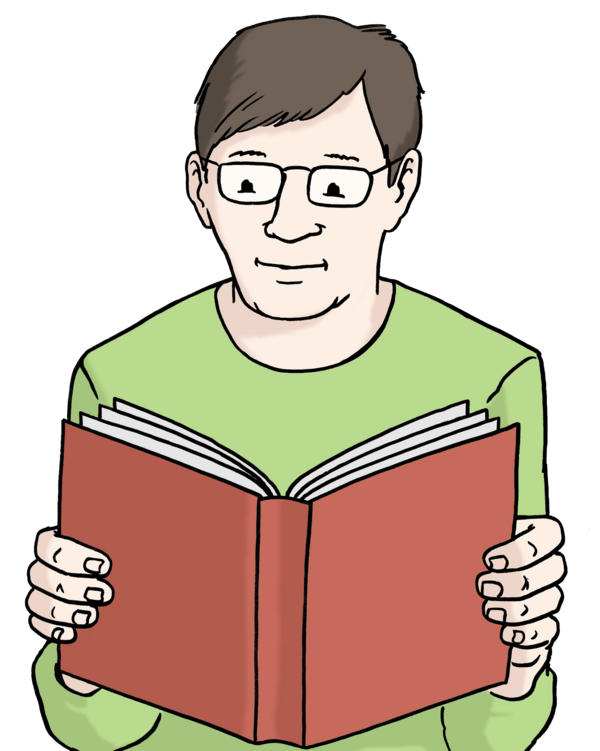 Zeichnung: eine lesende Person mit einem Buch in der Hand