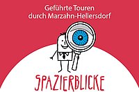 Das Bild zeigt das Spazierblicke-Logo, ein kleiner Cartoon-Mensch, der eine große Lupe in der hand hält. Das Design ist weiß und pink.
