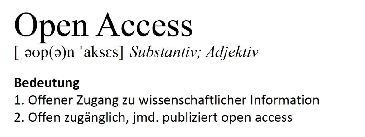 Abbildung eines fikitiven Stichworts "Open Access" in einem Wörterbuch. Bedeutung: 1. (Substantiv)Offener Zugang zu wissenschaftlicher Information; 2. (Adjektiv) Offen zugänglich, jemand publiziert open access