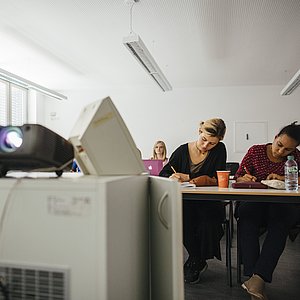 Students in a classroom during E-learning session