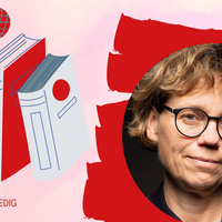 Illustration auf der Andrea Roedig zu sehen ist sowie Bücher und ein Mikrofon