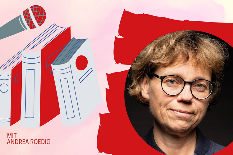 Illustration auf der Andrea Roedig zu sehen ist sowie Bücher und ein Mikrofon