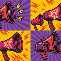 Vier bunte Megafone mit feministischen Symbolen, angeordnet in einem Raster mit kontrastierenden Hintergrundfarben und Blitzsymbolen.