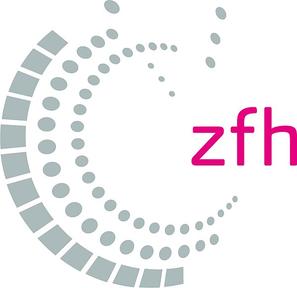 Das Logo der zfh ist ein Halbkreis, zur rechten Seite hin offen, der aus grauen Symbolen, wie Kreisen und Quadraten, besteht. In der offenen Seite des Halbkreises befindet sich der rosane Schriftzug zfh .