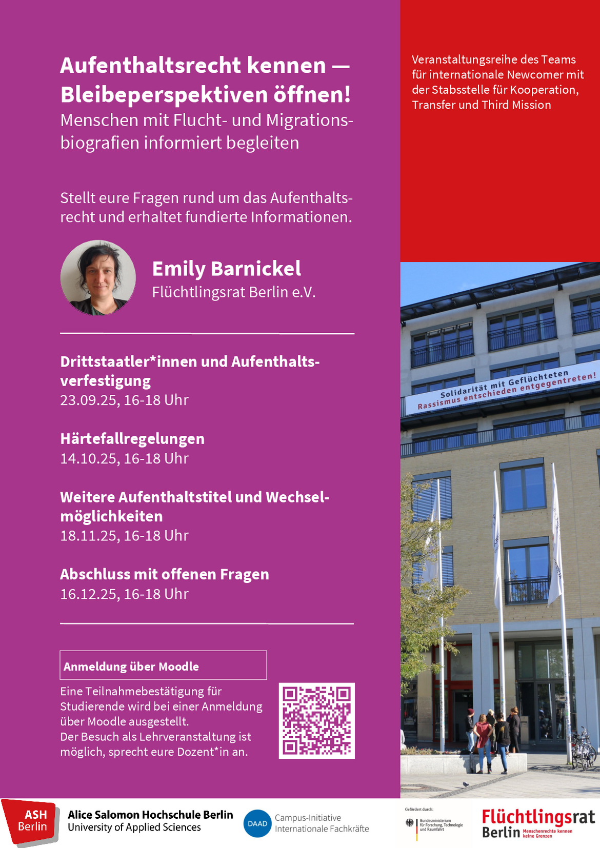 Poster zur Veranstaltungsreihe mit Emily Barnickel zum Aufenthaltsrecht