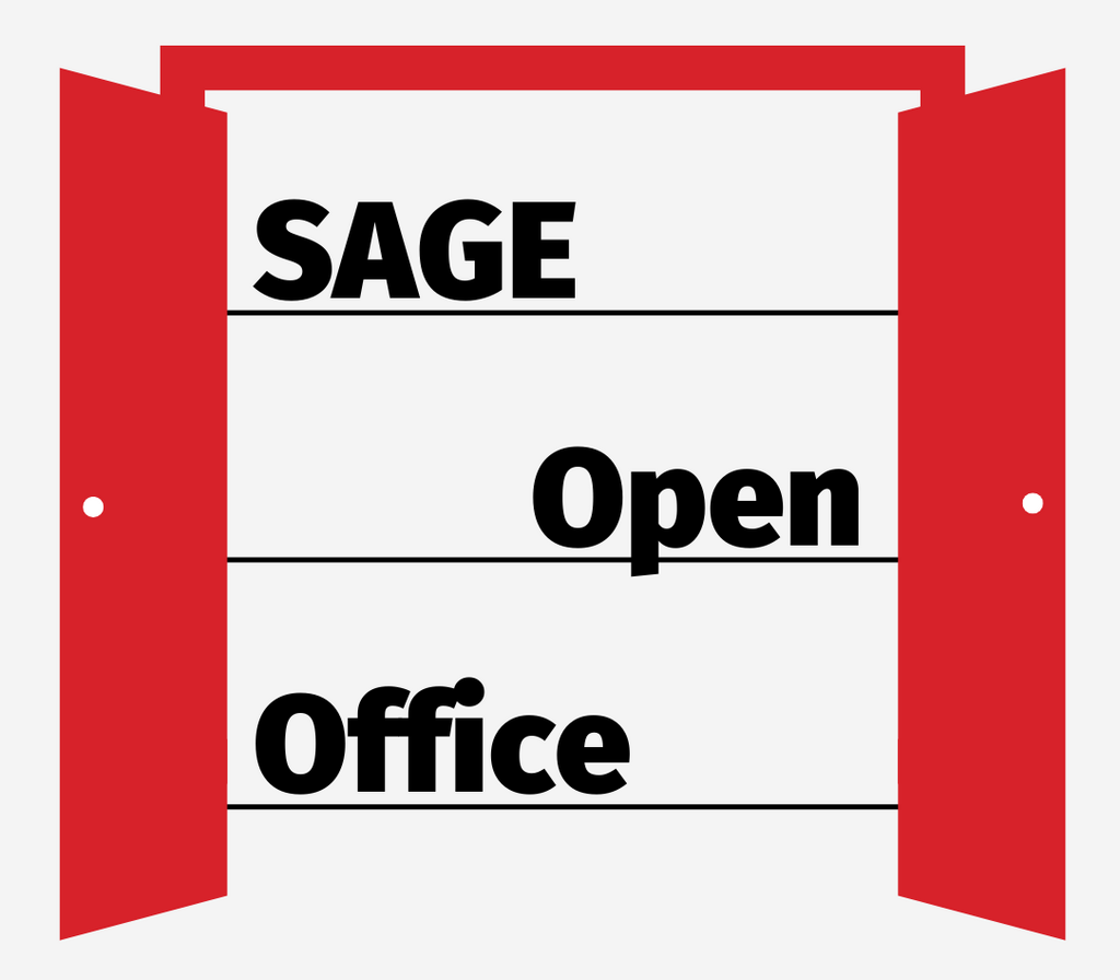Eine stilisierte offene, rote Tür. Zwischen den geöffneten Türflügeln steht "SAGE Open Office"