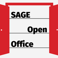 Eine stilisierte offene, rote Tür. Zwischen den geöffneten Türflügeln steht "SAGE Open Office"