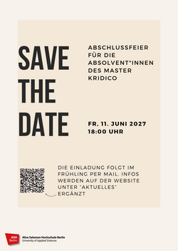Der Save-the-Date-Flyer informiert auf der Rückseite, dass Einladungen im Frühling verschickt werden, sowie dass auf der Website weitere Informationen zur Abschlussfeier zu finden sein werden.