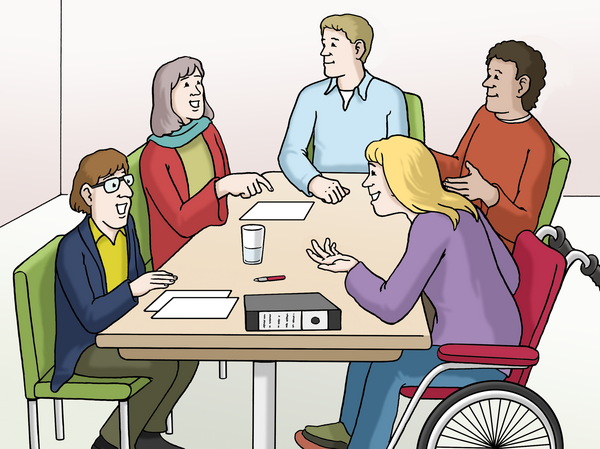 Zeichnung: Personen sitzen an einem Tisch und diskutieren